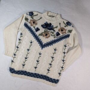 Vintage American Weekend Sweater Chunky Womens L Floral Hand Knitted Grandmacore